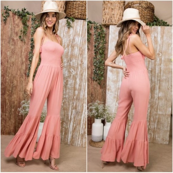 Boho Bell Bottom Ruffle Shoulder Tie Jumpsuit - Picture 2 of 2